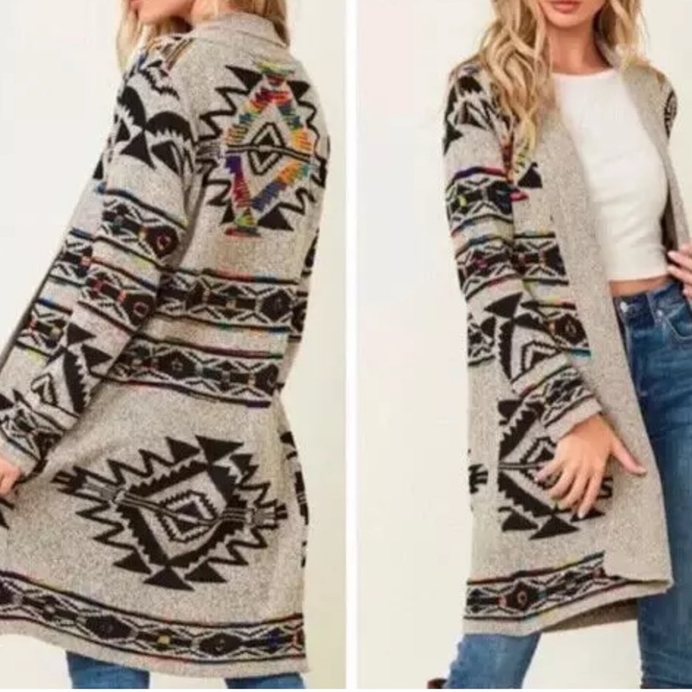 Northern‎ Angel Women Sweater Gray Aztec Southwestern Cardigan Open Front M